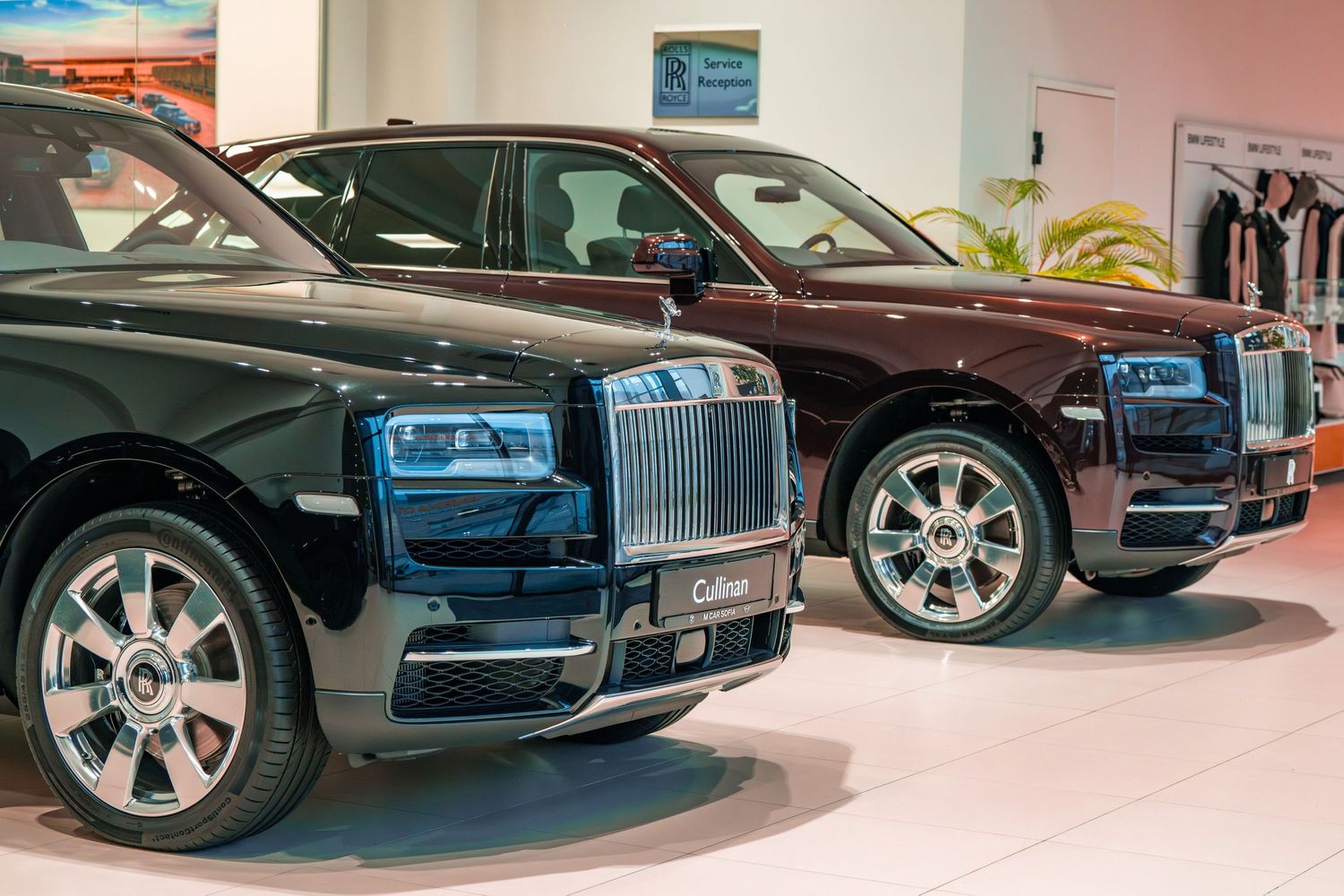 Row of luxury Rolls-Royce vehicles displayed in a showroom with prominent grilles.
