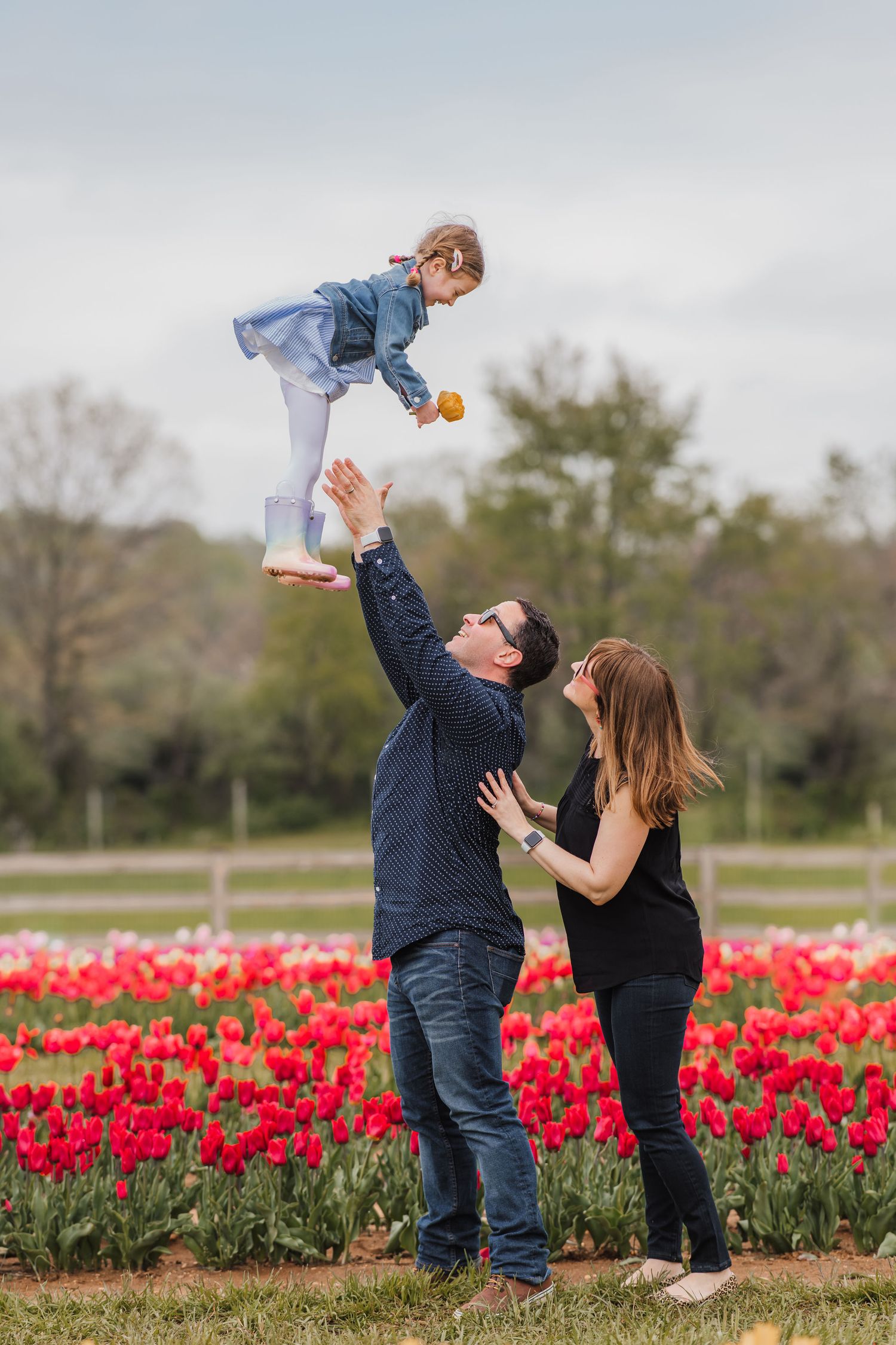 A family plays together in a vibrant tulip garden, lifting their child high against an overcast sky at Holland Ridge Farms.