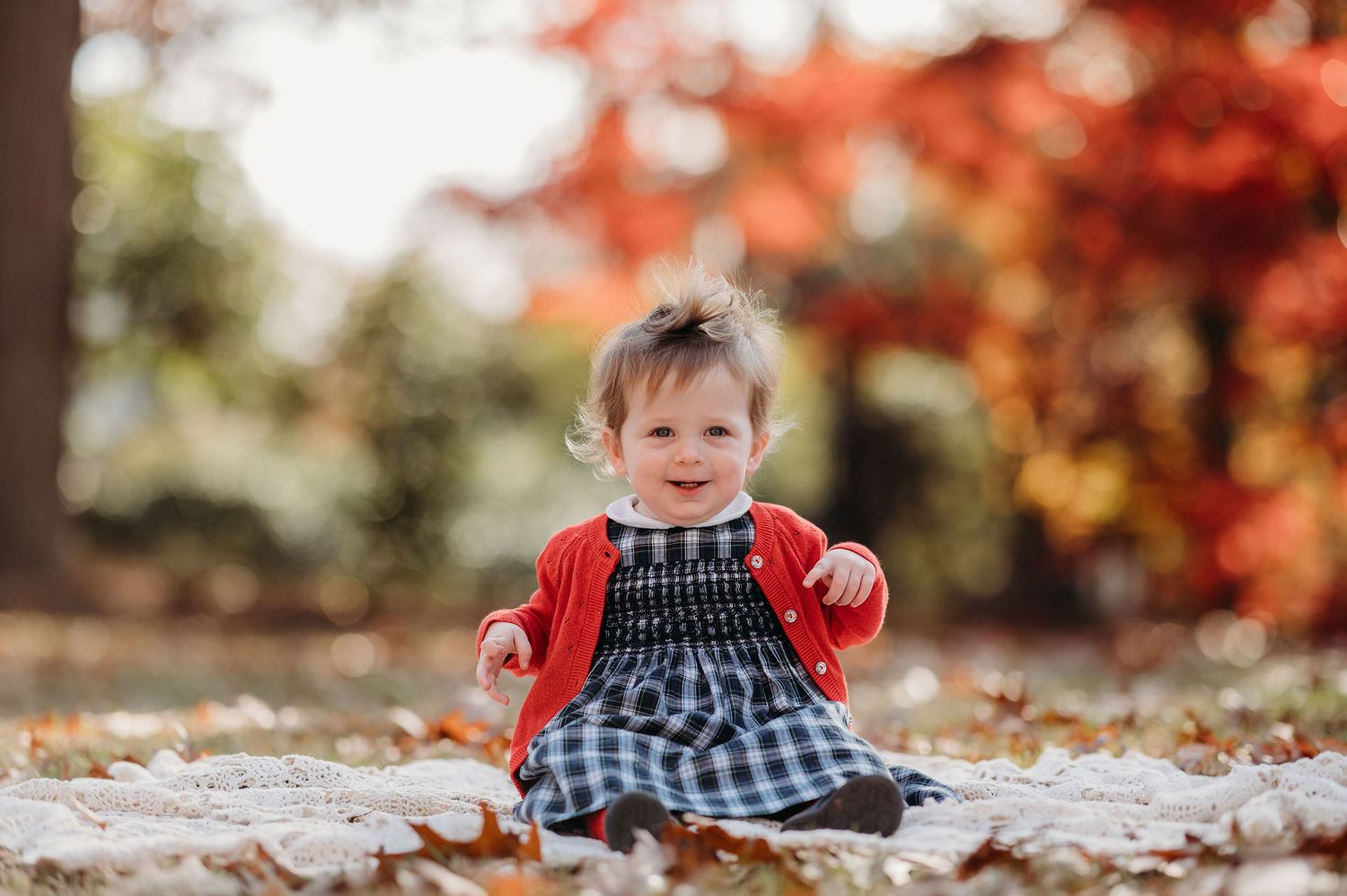 Small child in gingham dress and red cardigan sits on autumn leaves with colorful fall foliage in background.