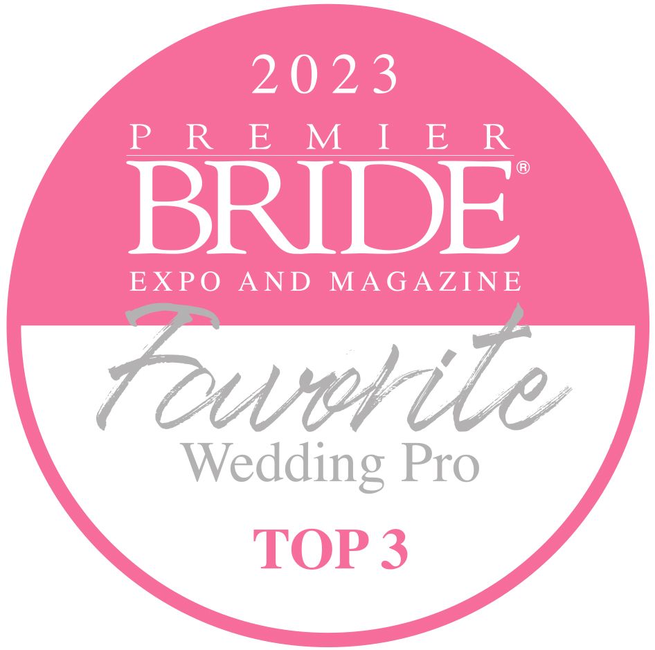 Pink and white circular logo for 2023 Premier Bride Expo and Magazine Favorite Wedding Pro Top 3.