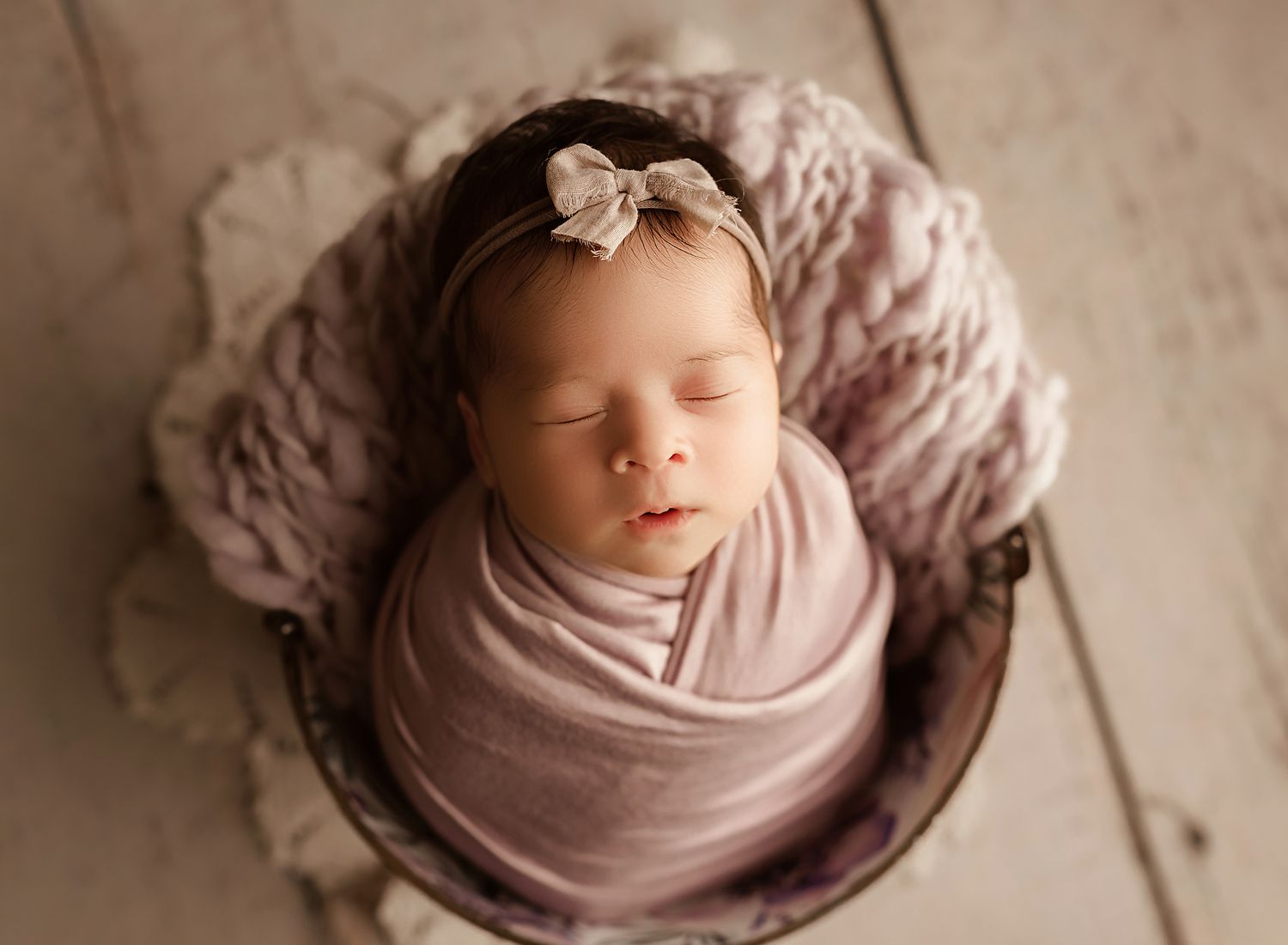 newborn photography near me Moreno Valley California, baby girl asleep in bucket