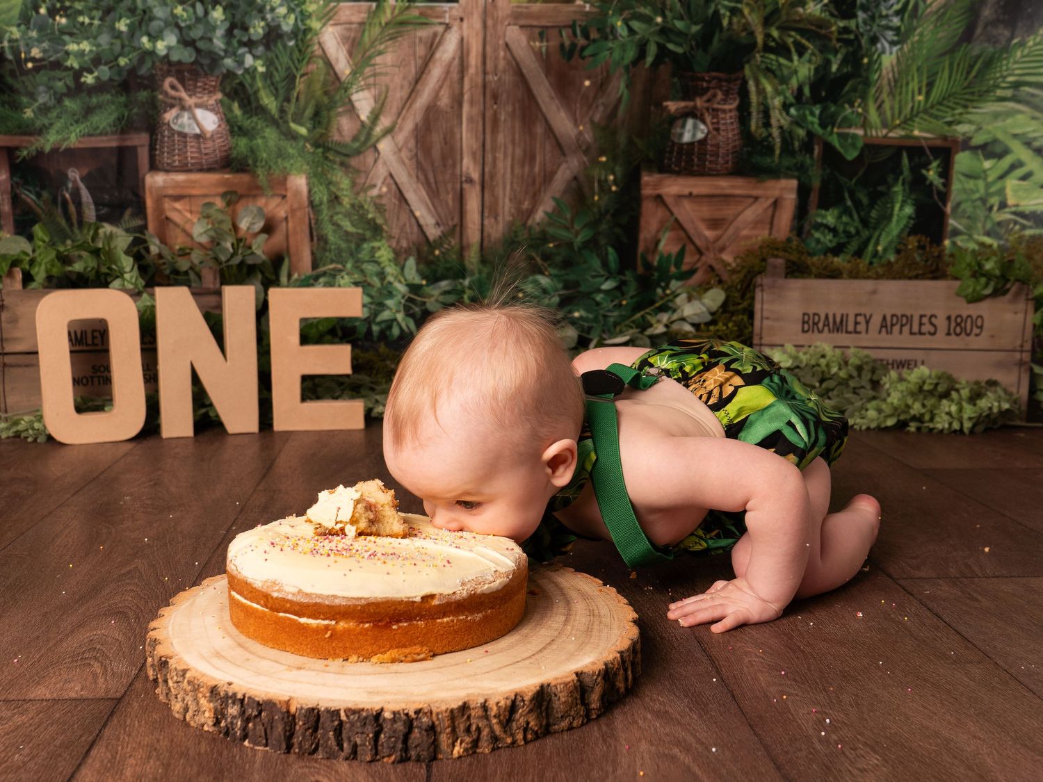baby boy one year old eating cake face first hands and knees for jungle theme with cake smash photographer in Doncaster.