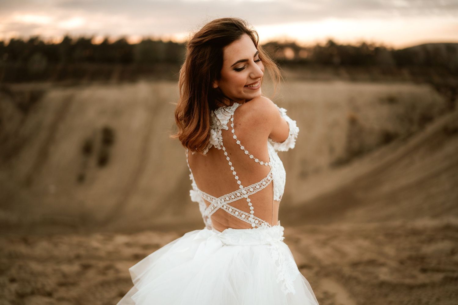 Artistic back view of bride's detailed lace dress against dramatic desert backdrop.