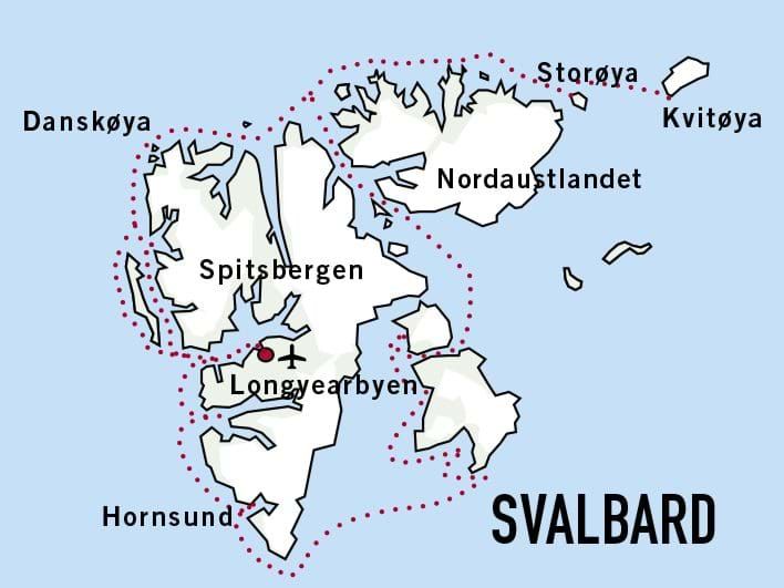 Map of Svalbard archipelago showing main islands and settlements in the Arctic Ocean.