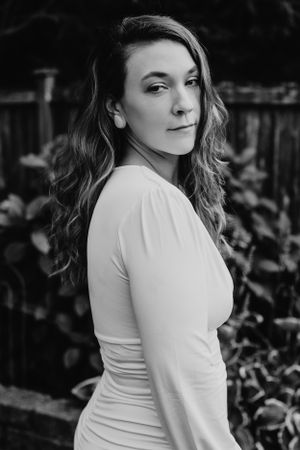 Sarah on her wedding day in black and white