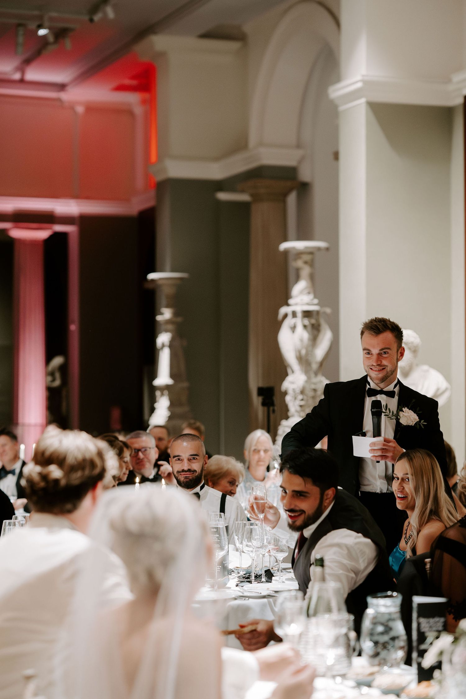 best man giving speech in the grand sculpture gallery at the Ashmolean Museum