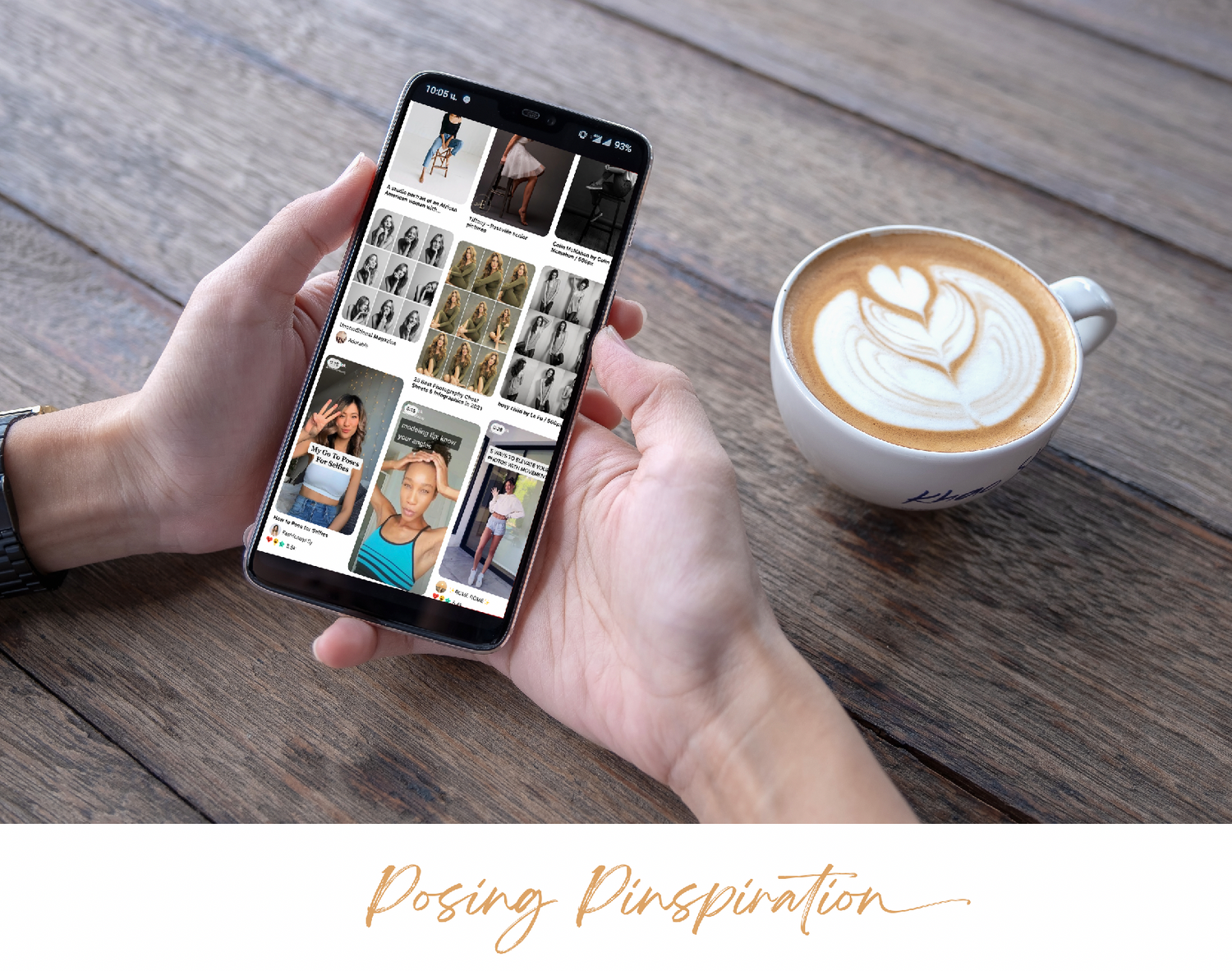 Hands holding phone showing photo gallery next to latte with leaf art.