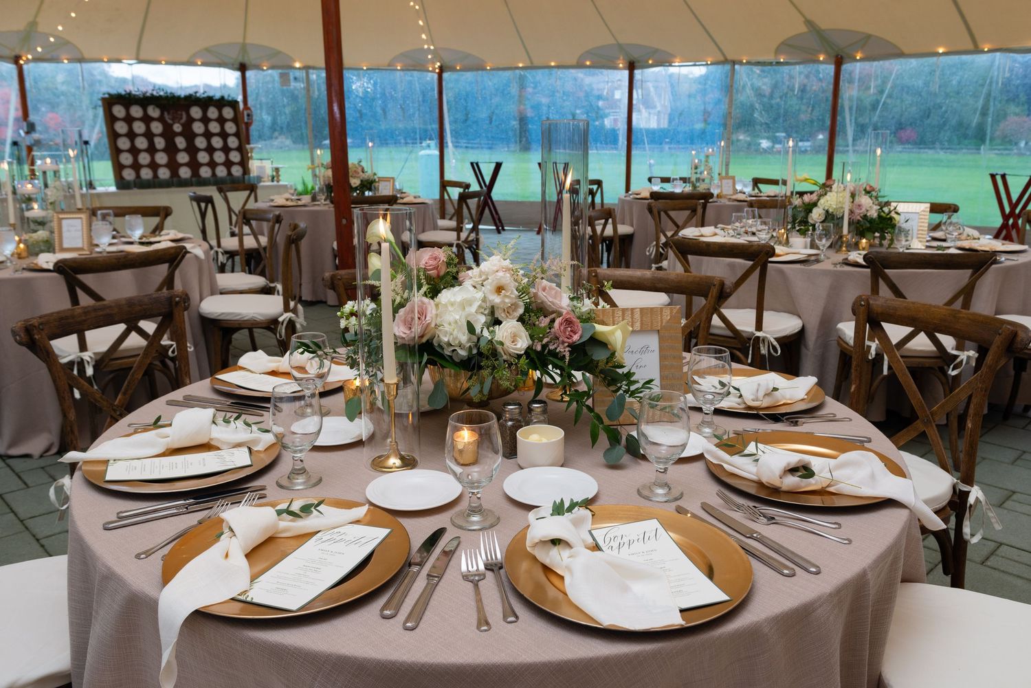 Outdoor wedding tent at Wentworth by the Sea Country Club Rye NH Leah Ramuglia Photography tablescape