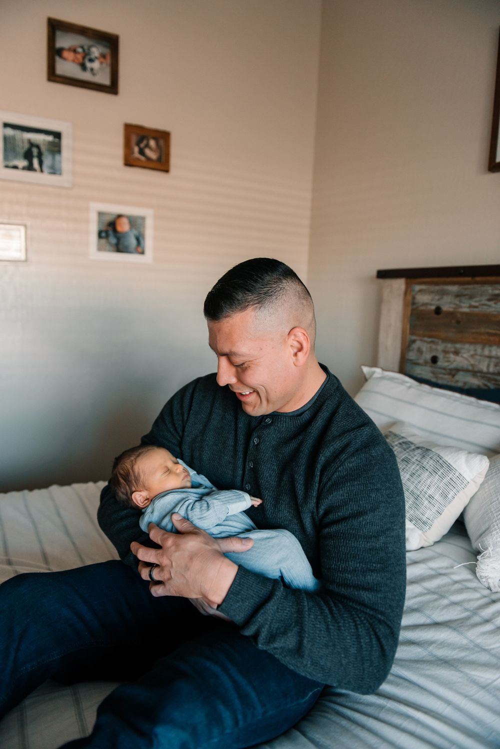 Series of gentle moments between parents and newborn baby in a bedroom setting.