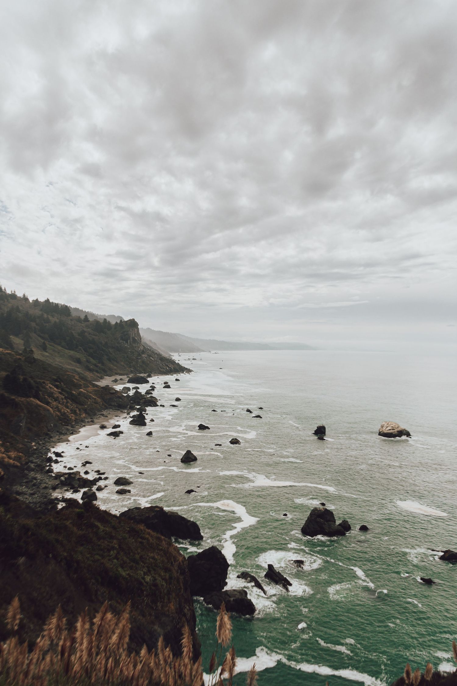 Rugged coastline with scattered rocks and crashing waves under overcast skies along the Pacific shore.