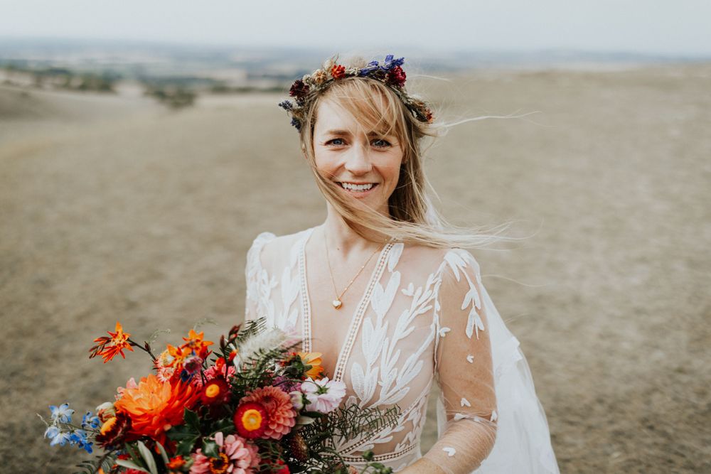 Wedding Bride at Uffington White Horse in Oxfordshire
