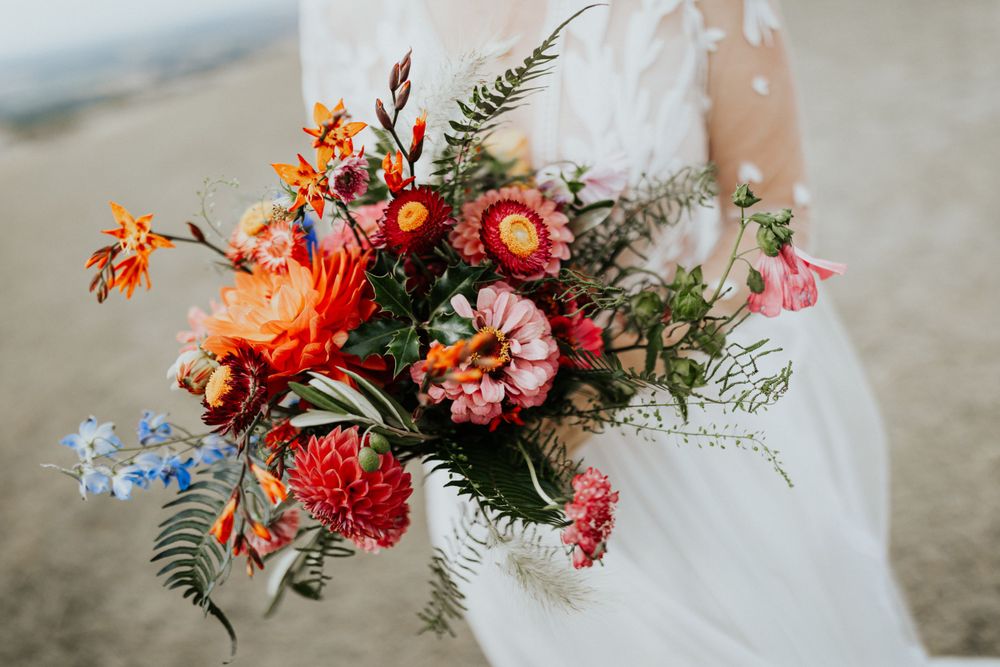 Wedding bouquet  at Uffington White Horse in Oxfordshire