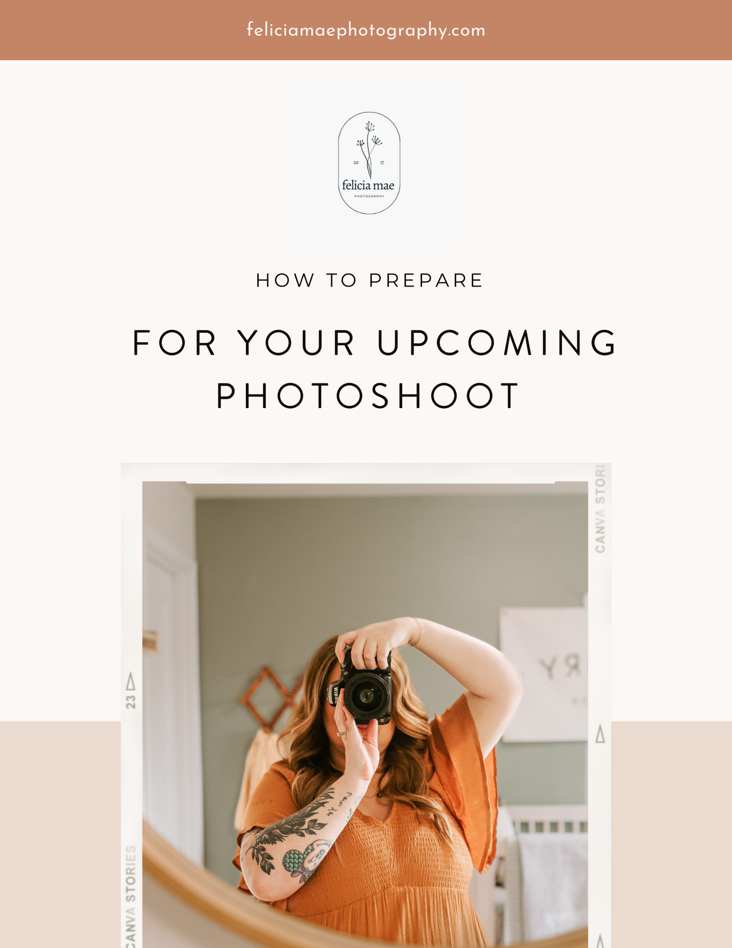 Woman in orange dress shown in lifestyle photography preparation guide layout.