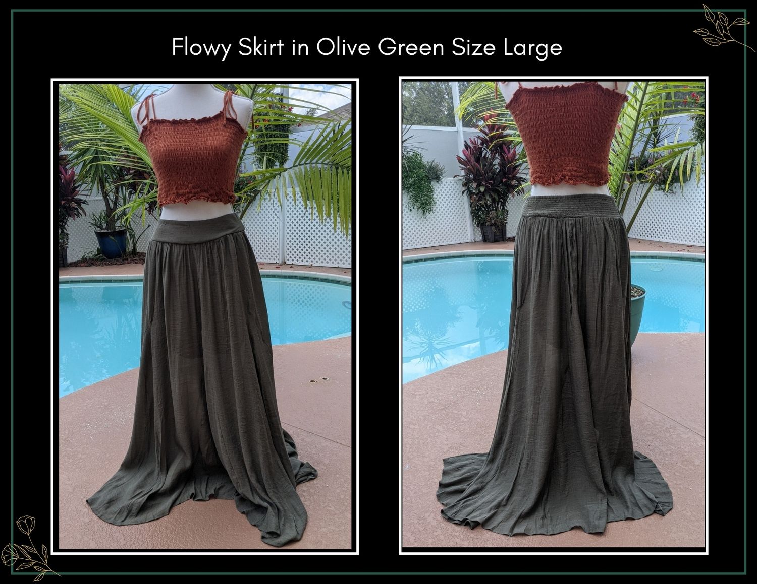 Olive green flowy maxi skirt size large, shown from front and back views, featuring a gathered waistband and flowing silhouette.