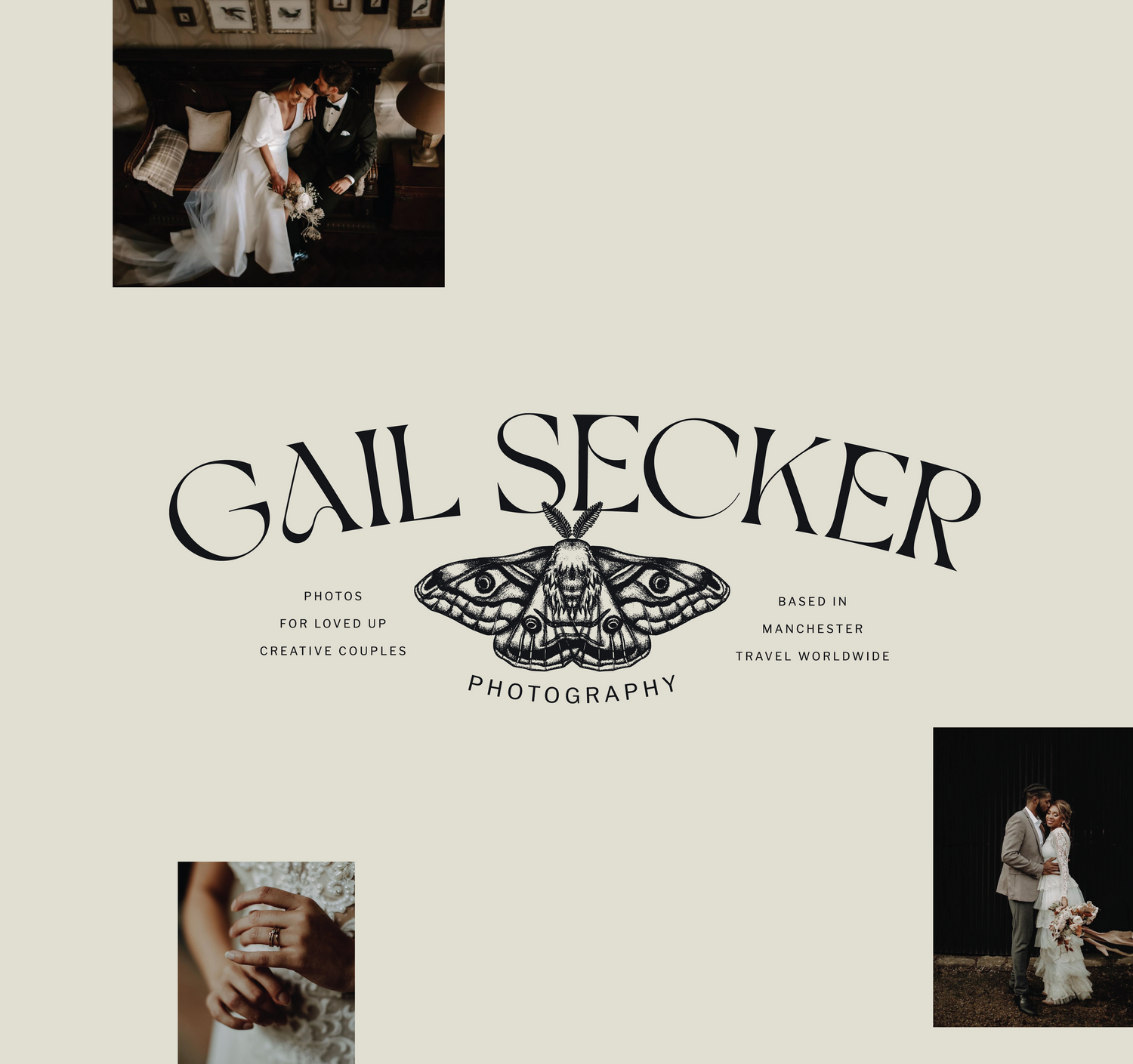 Wedding photography branding layout with Gail Secker logo and sample images.