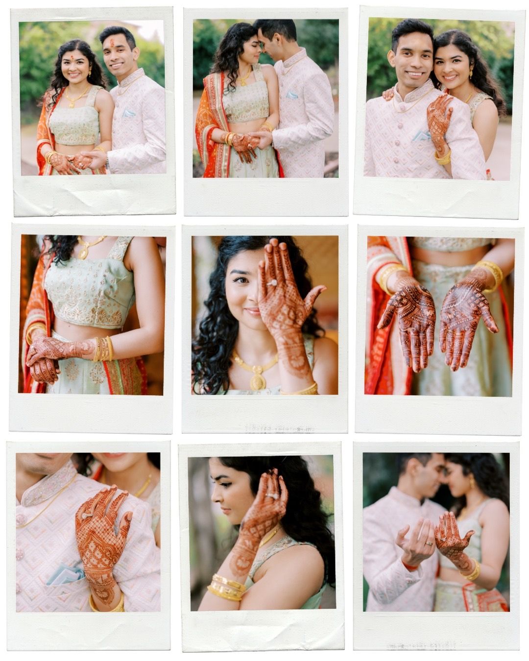 A collection of polaroid-style photos featuring traditional Indian wedding details and henna designs.