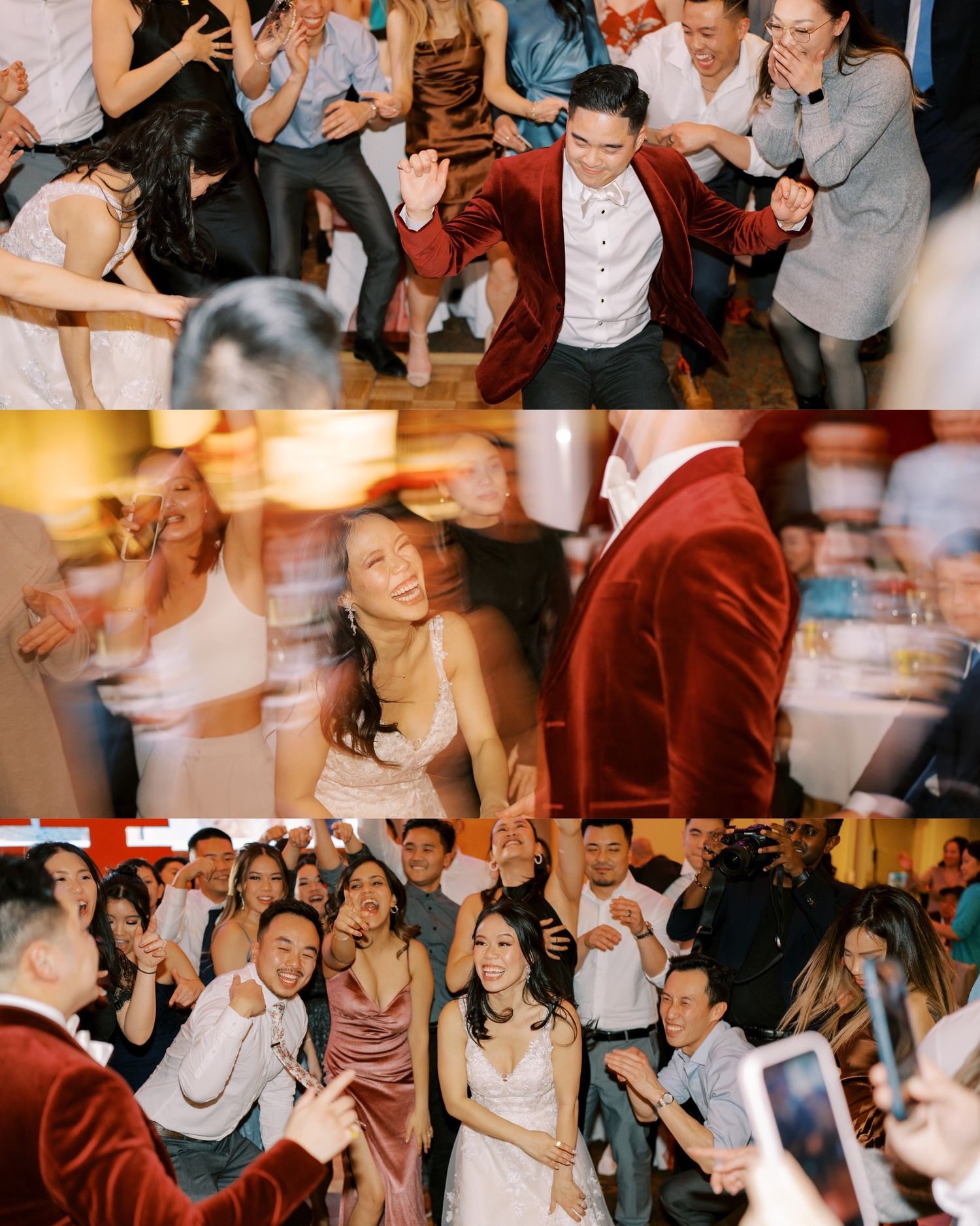 Energetic wedding reception dance floor filled with celebrating guests in motion.