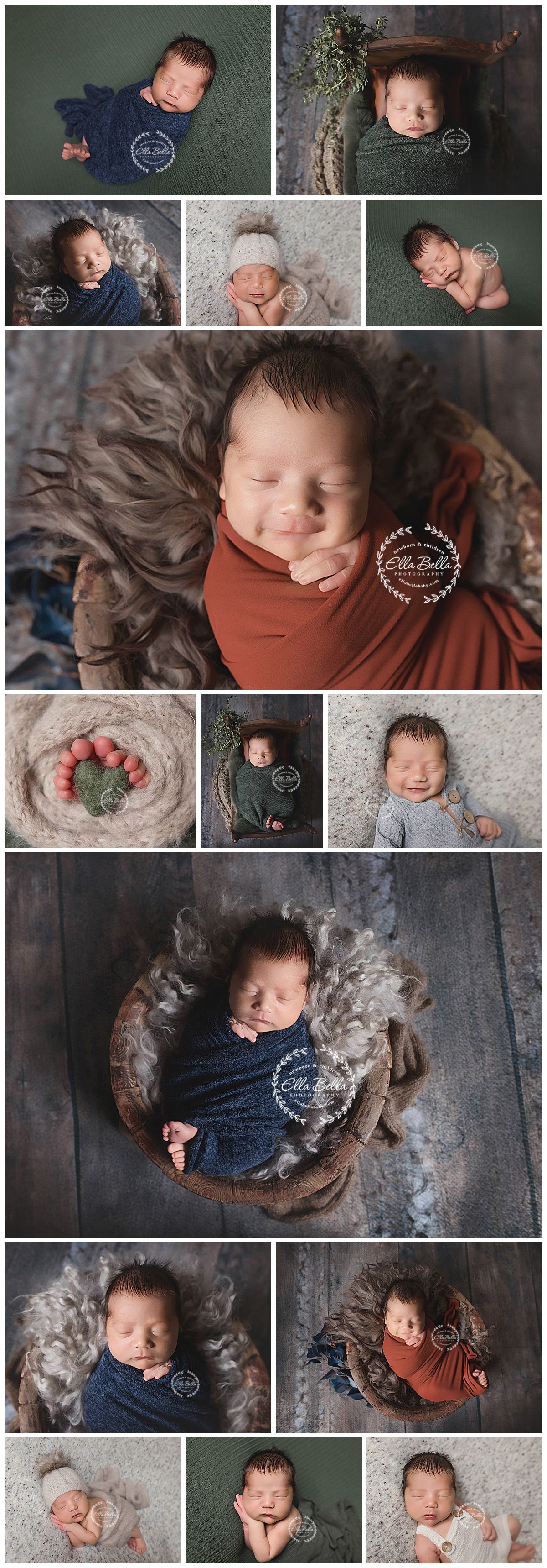 Collage of newborn portraits featuring navy and rust colored wraps with natural props.