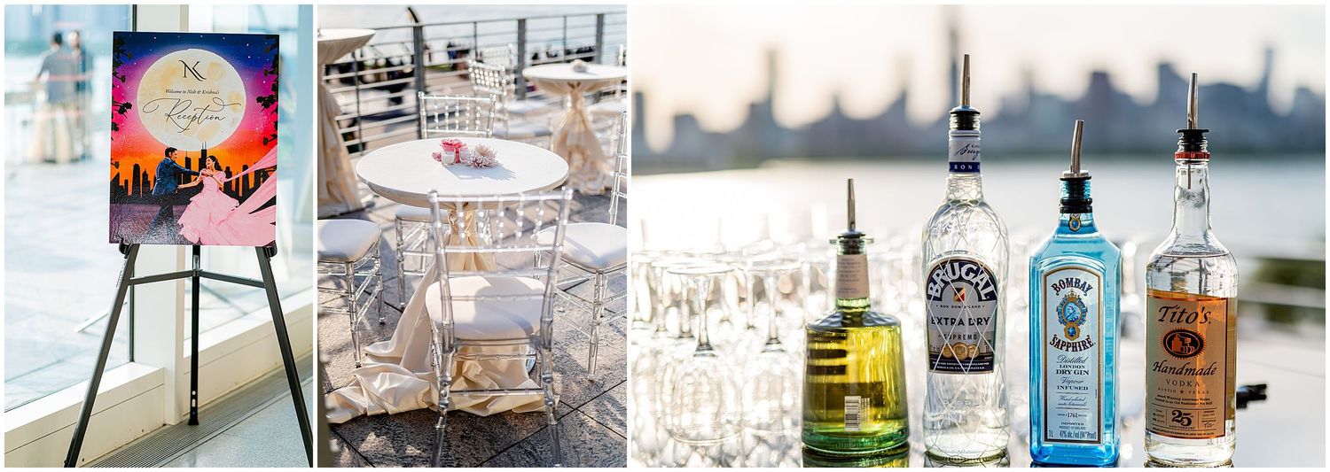 Wedding reception setup featuring artistic displays and premium liquor selection.