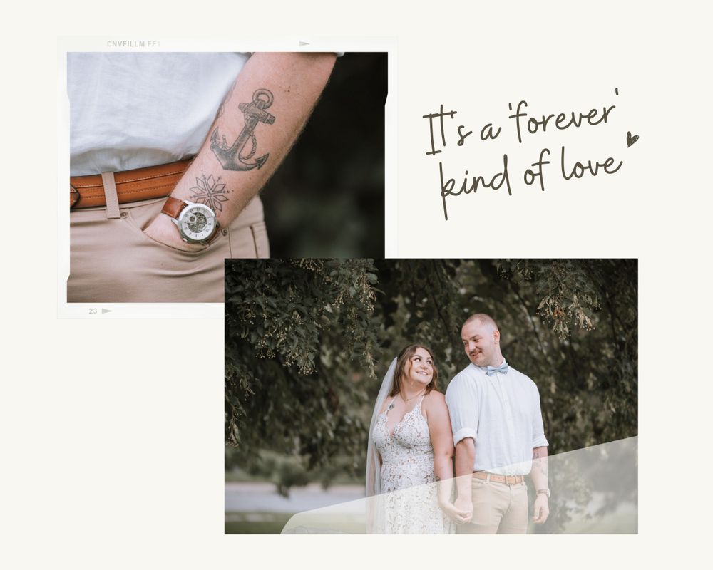 Wedding photo collage featuring anchor tattoo and romantic outdoor portrait.