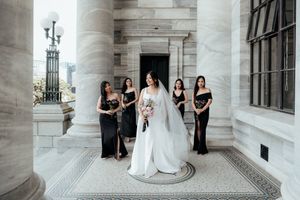 Bride and her bridesmaids at Old Parliament Wellington by wedding photographer August and Vine