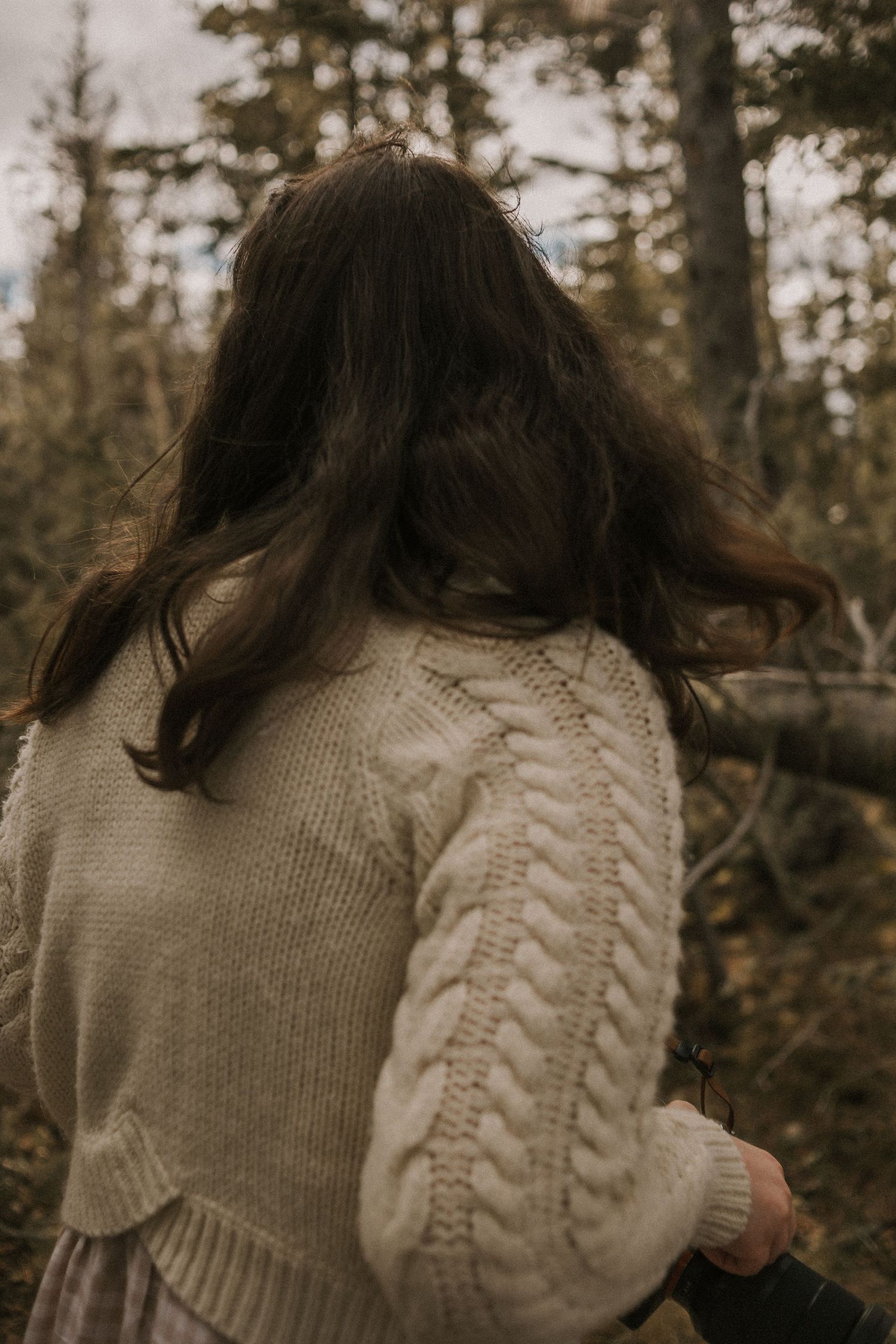 Close-up of a cable knit sweater pattern shown from behind in natural lighting.
