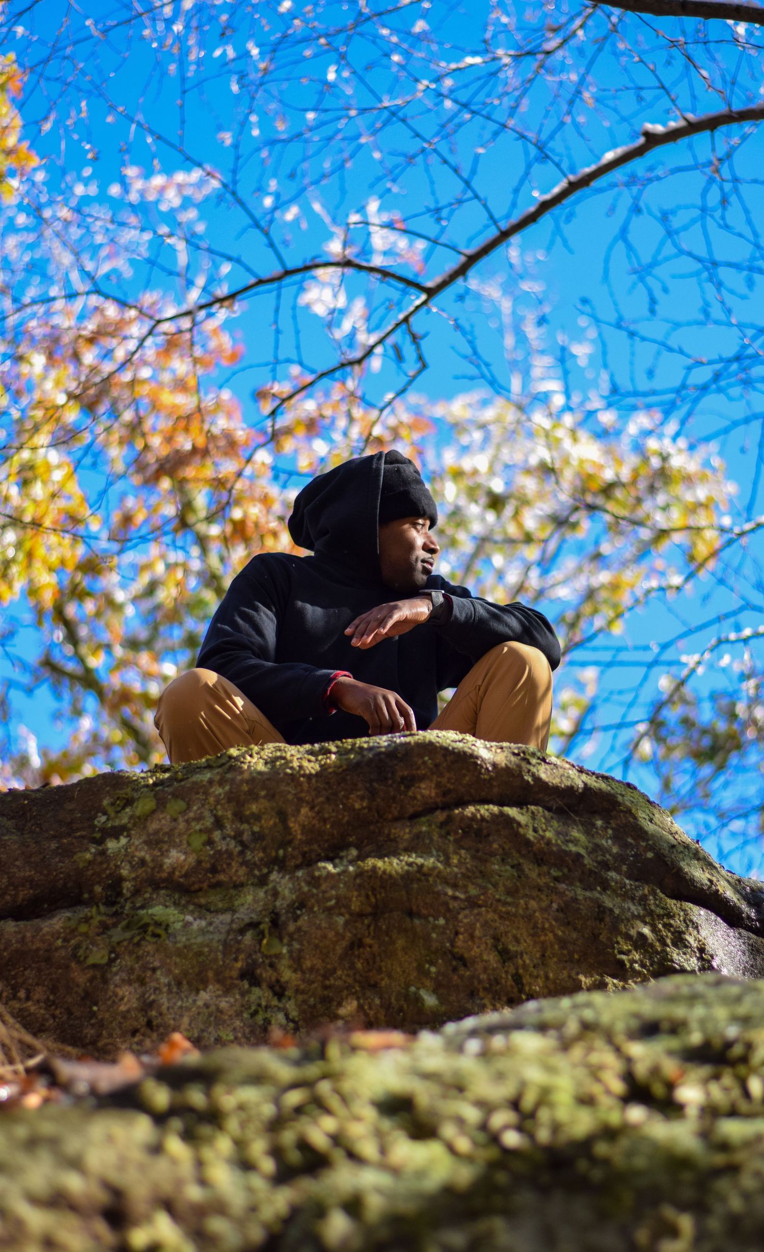 Person in black clothing sits contemplatively on a large rock under autumn trees against bright blue sky.
