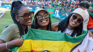 Sports fans at a stadium holding up the Zimbabwe flag while cheering for their team.