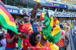 Excited Zimbabwe cricket fans waving flags and celebrating at a stadium during UEA 2022.