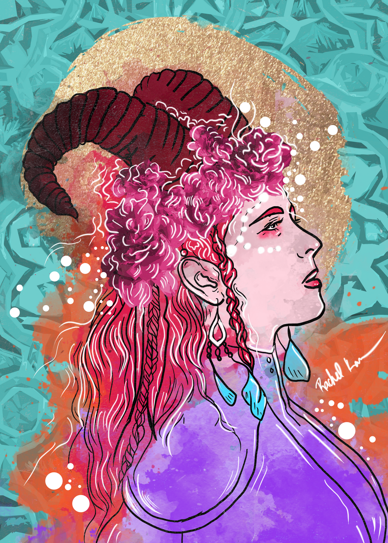 Artistic illustration of a profile view with pink curly hair and a golden halo effect.
