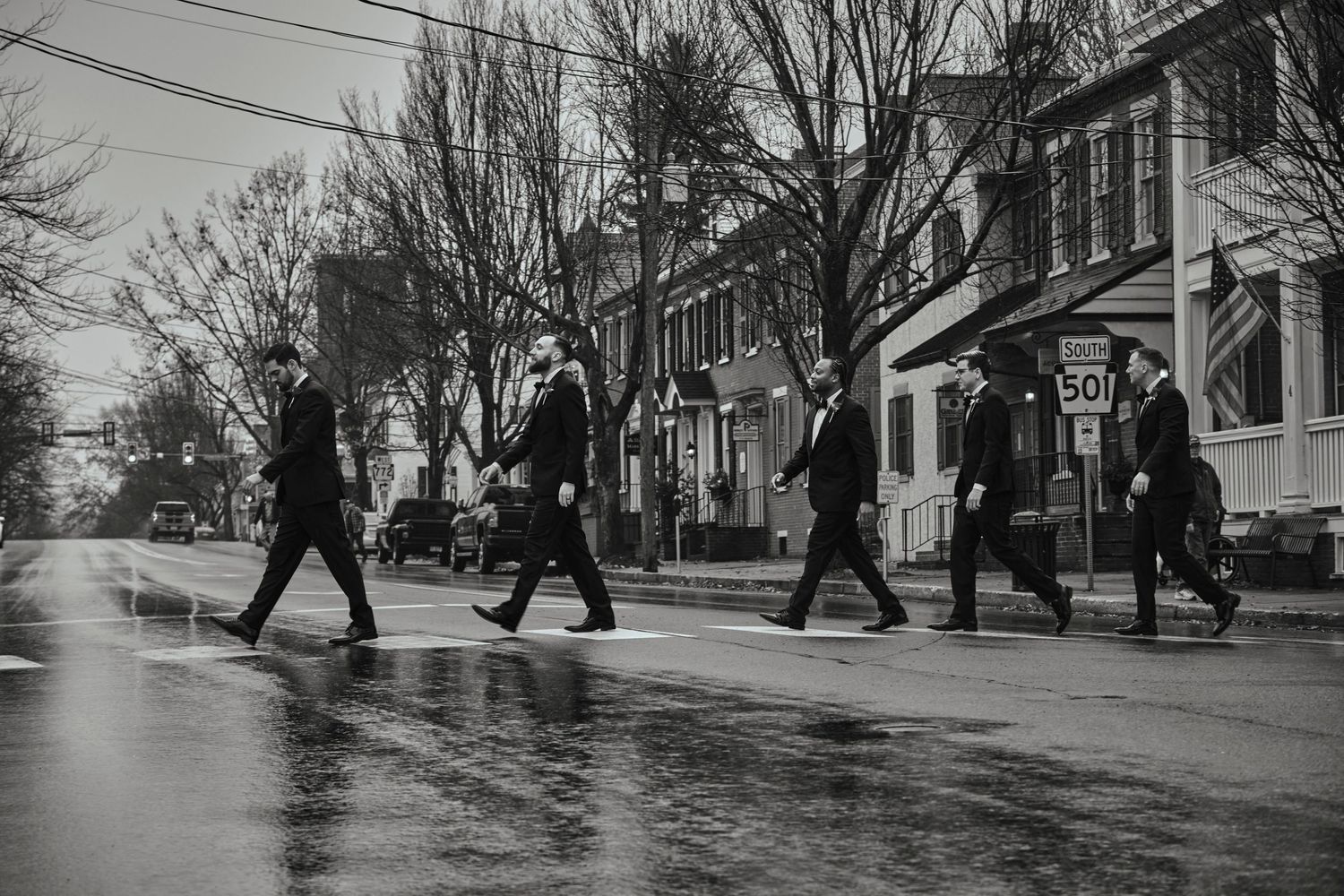 Wedding day, Litiz Springs Inn, Tuxedo, Groomsmen, The beatles cover, Street photography