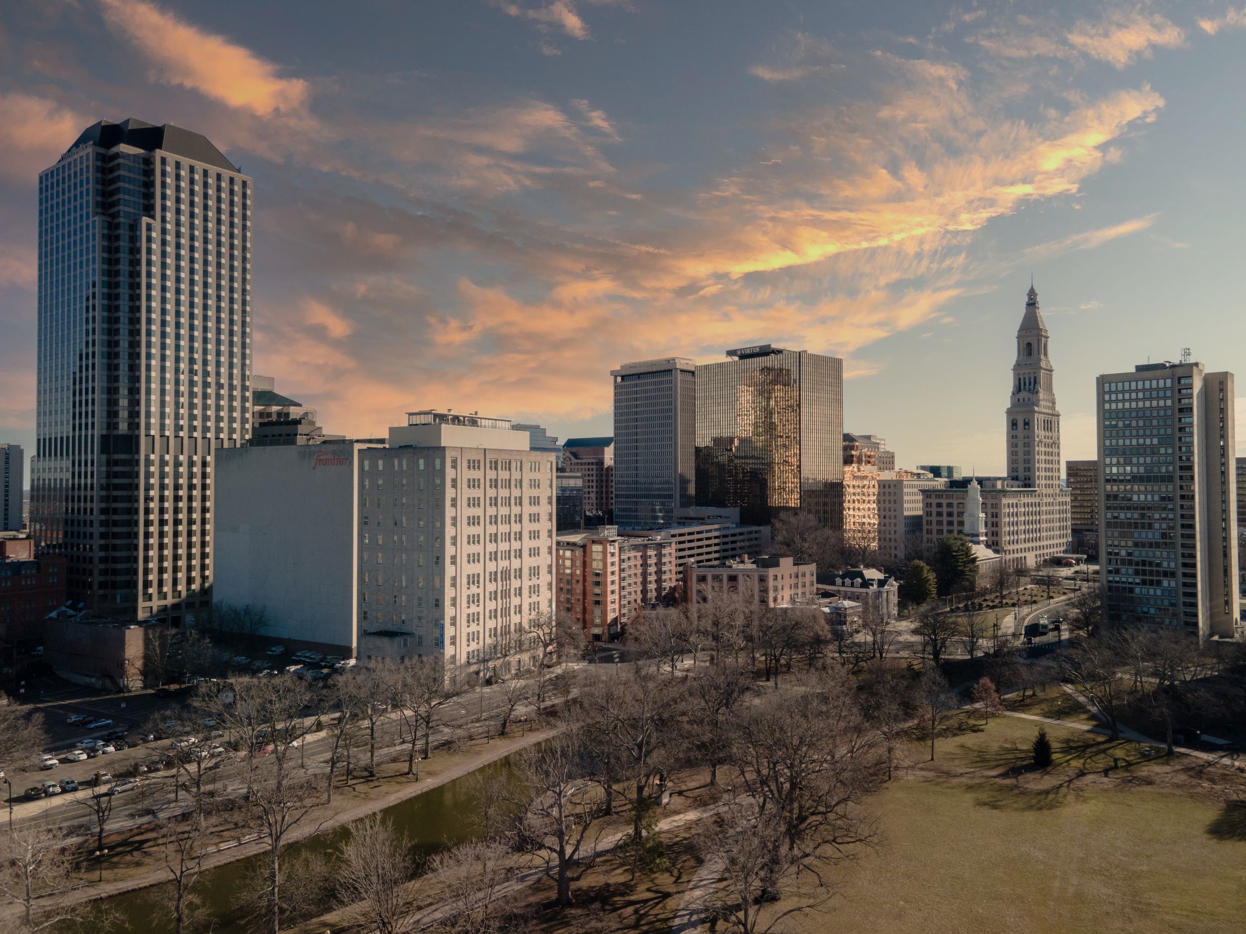Aerial photo of Skylines Downtown Hartford, Connecticut by CMEDINA PHOTOGRAPHY. Commercial Real Estate Photography.