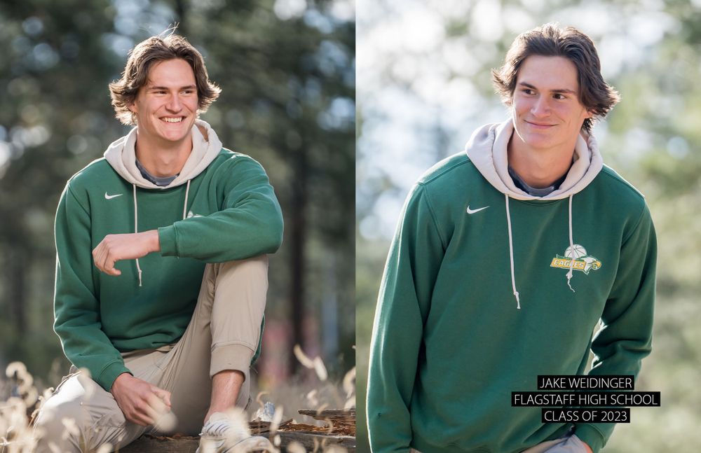 Side-by-side portraits show person wearing green hooded sweatshirts in outdoor settings.