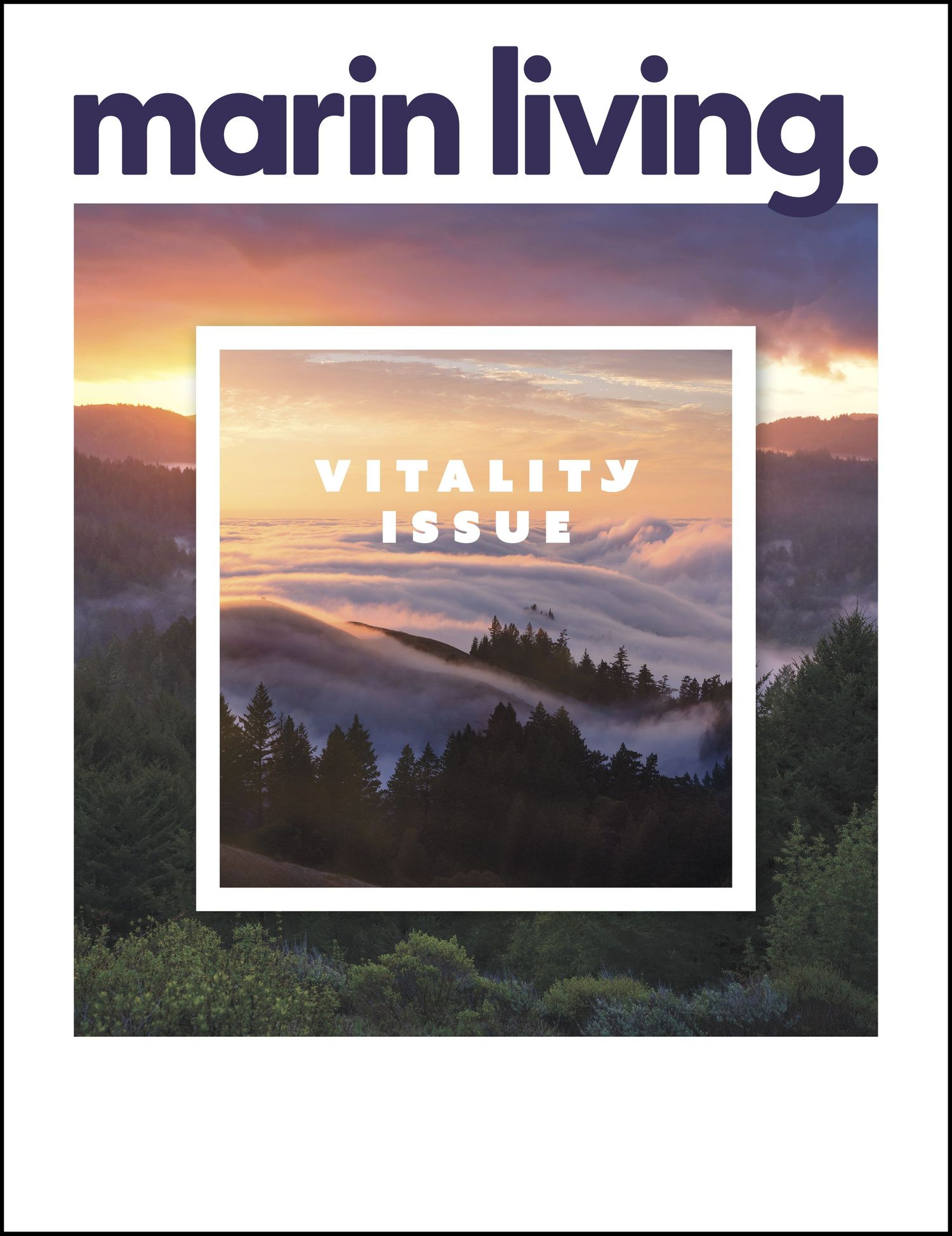 Magazine cover featuring misty mountain landscape with text overlay against sunset sky.
