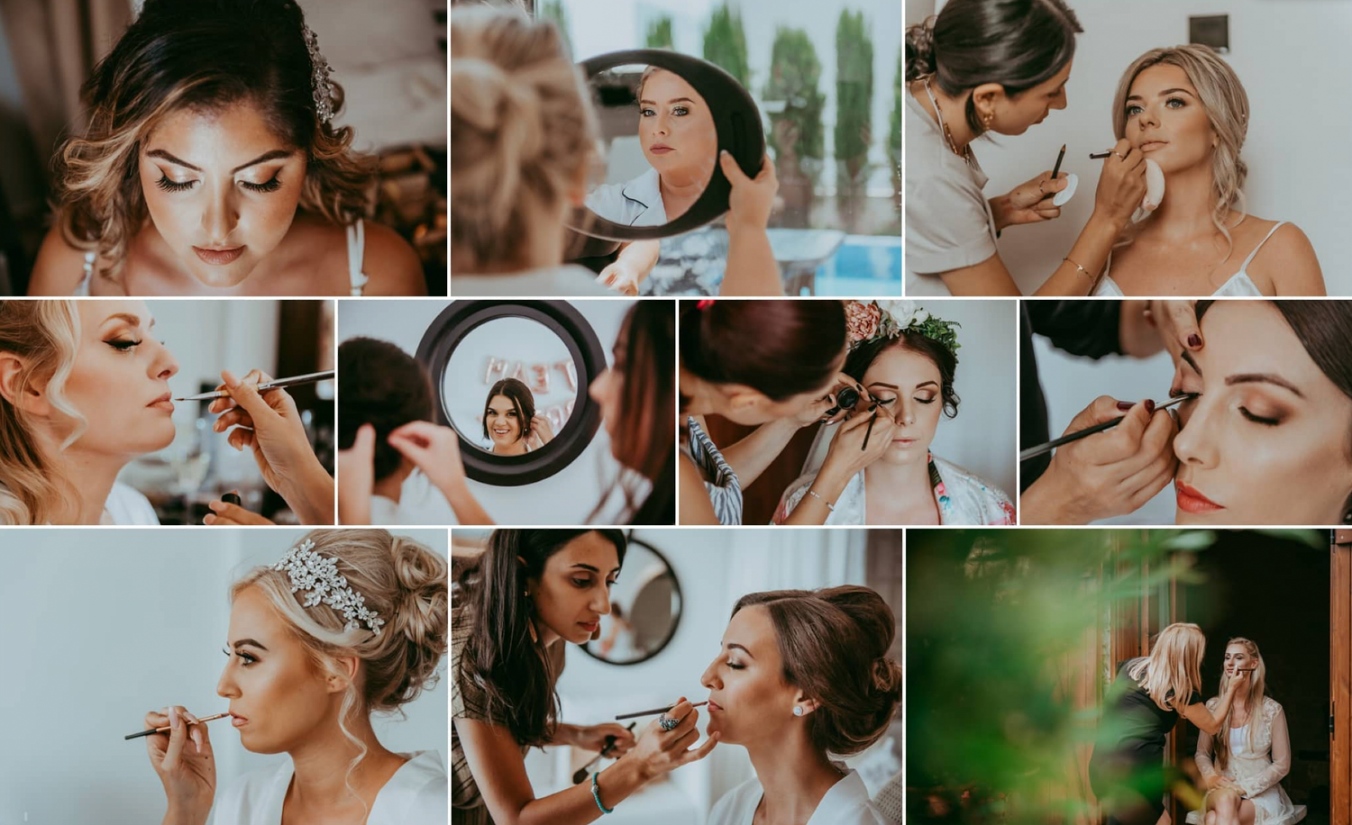 Professional makeup application and beauty preparation photo collage in muted tones.