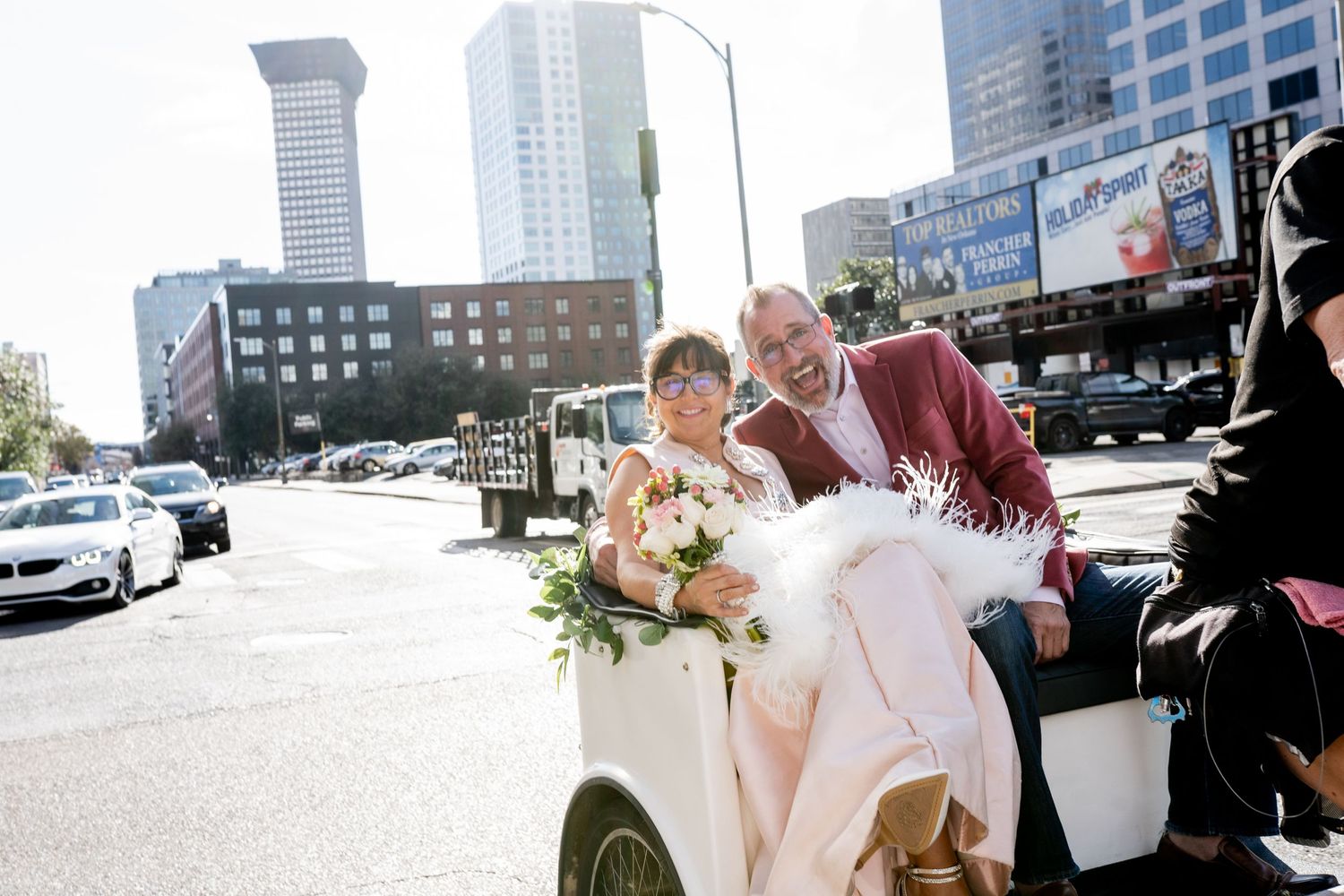 A festive moment captured in a pedicab ride through the city.