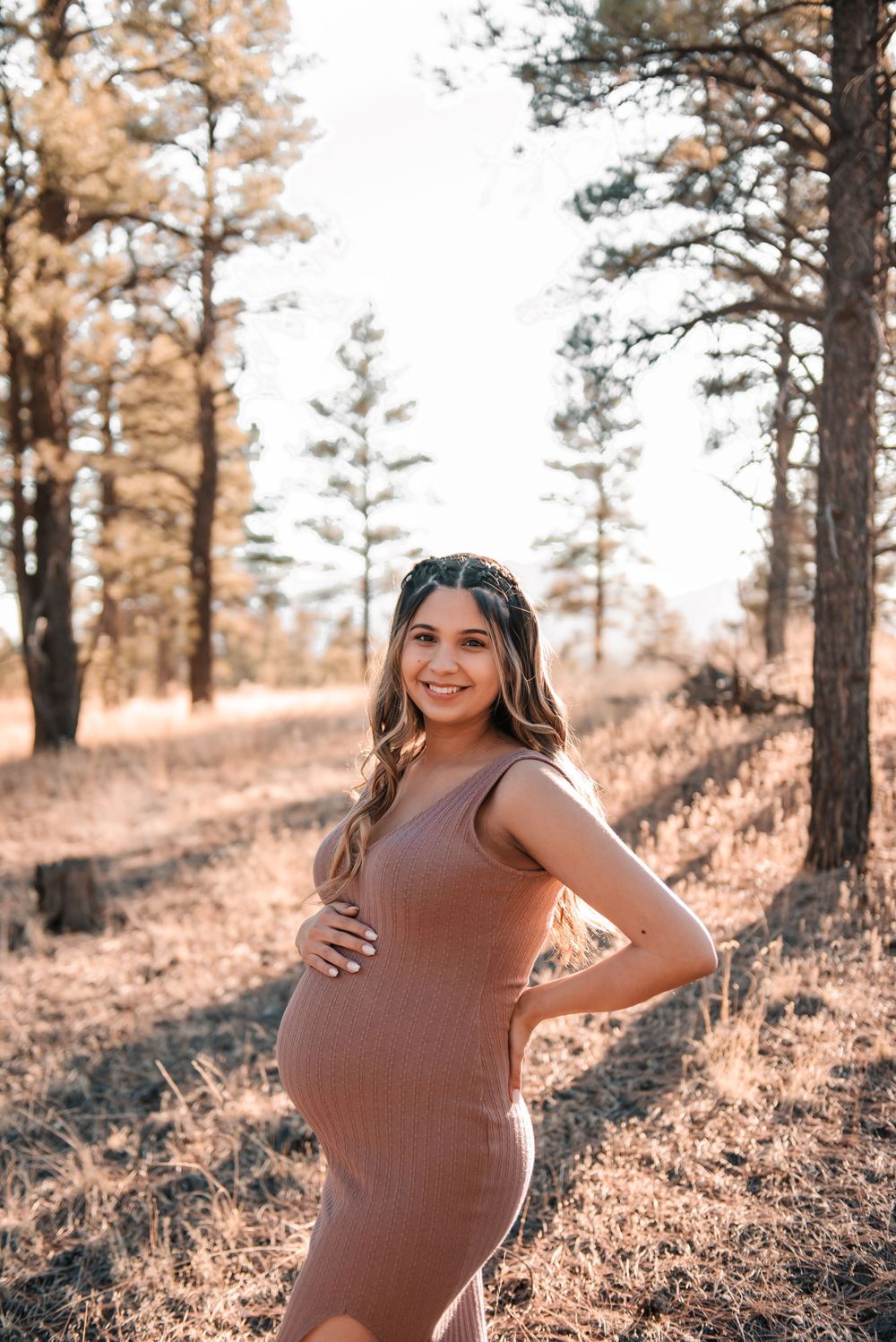 Maternity photoshoot in a sunlit forest with pine trees and warm autumn tones.