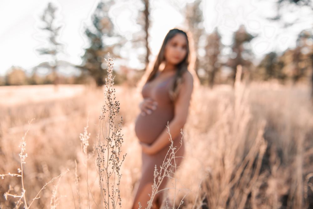 Dreamy maternity photography in tall grass with mountains in background.