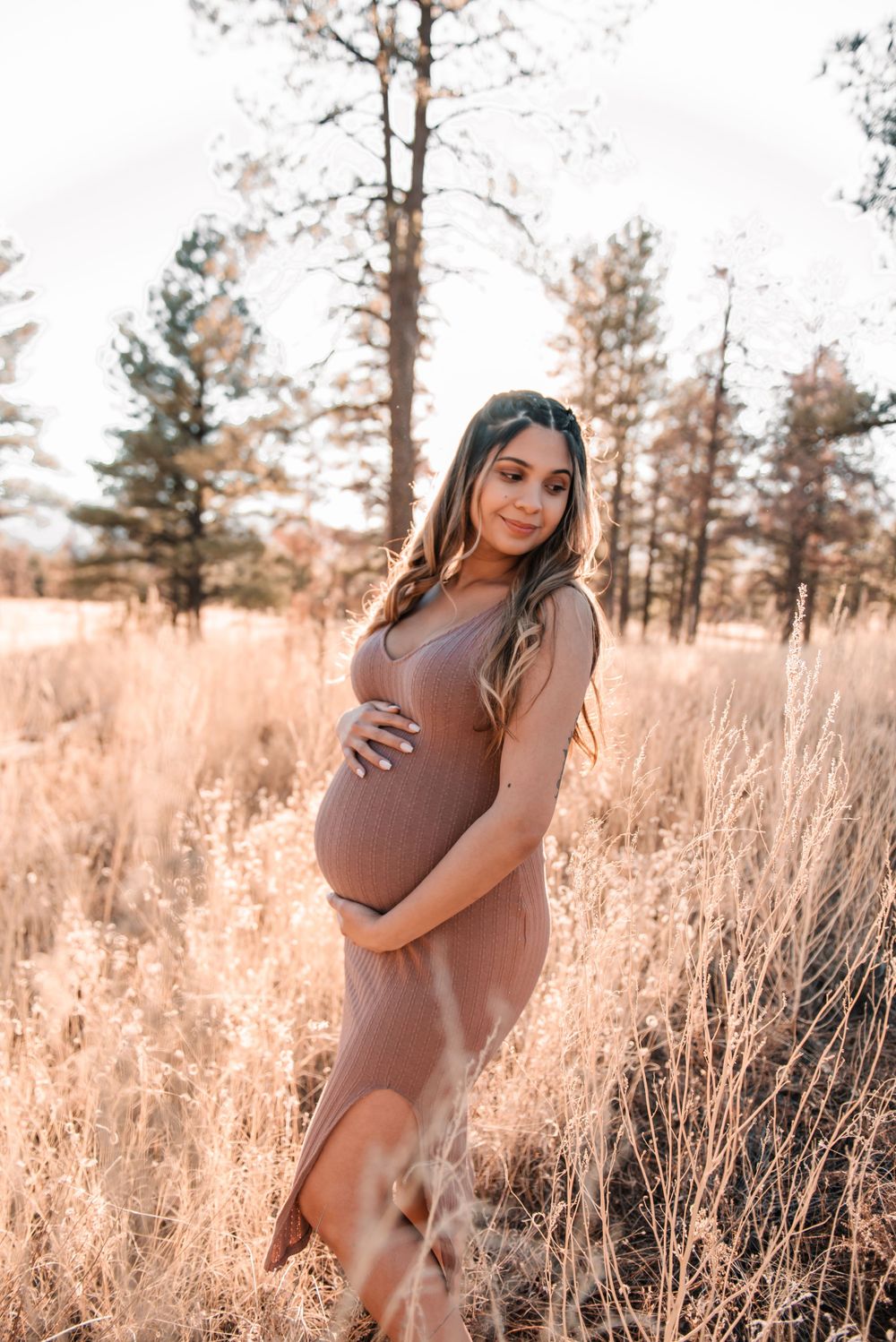Expectant mother in brown dress poses in golden field during sunset.