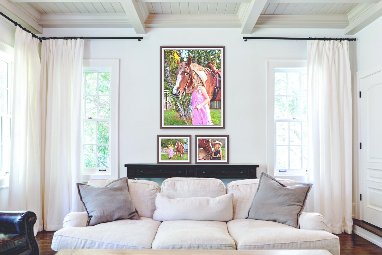 Framed portraits of a girl with a horse, taken by Hillsboro, Oregon photographer, displayed on a living room wall.