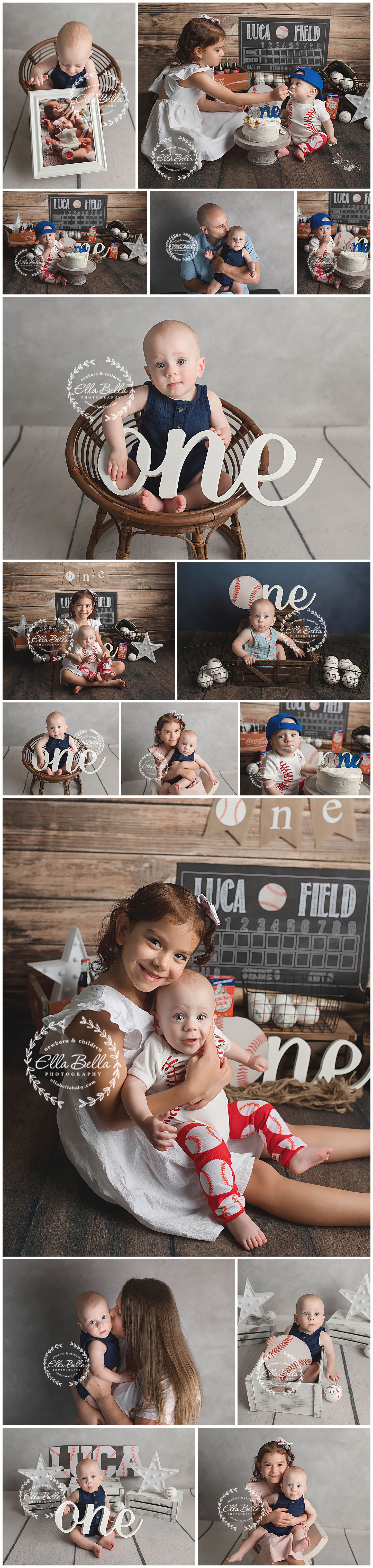 Collection of baseball themed first birthday photo session with decorative props and various poses.