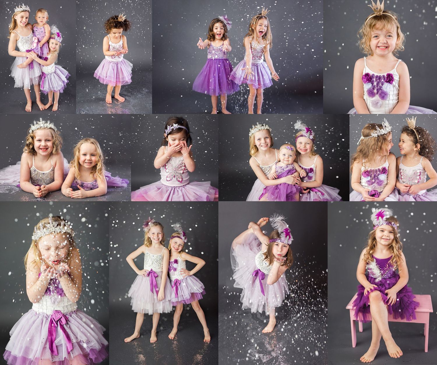 lots of little girls in purple princess dresses and tiaras playing with glitter