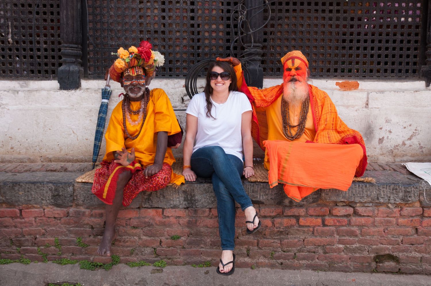 Leah Ramuglia with religious Sadhus in Kathmandu Nepal