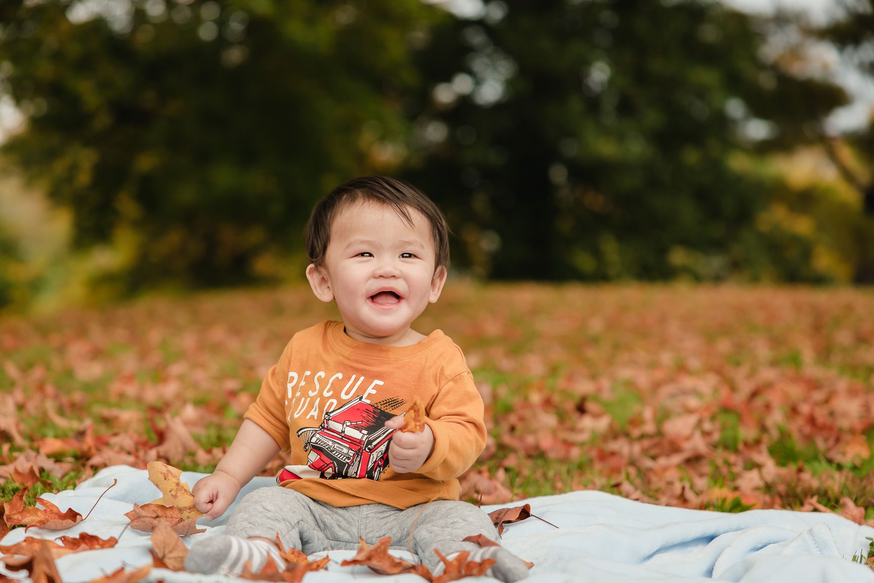 Portrait of smiling baby boy in autumn leaves.