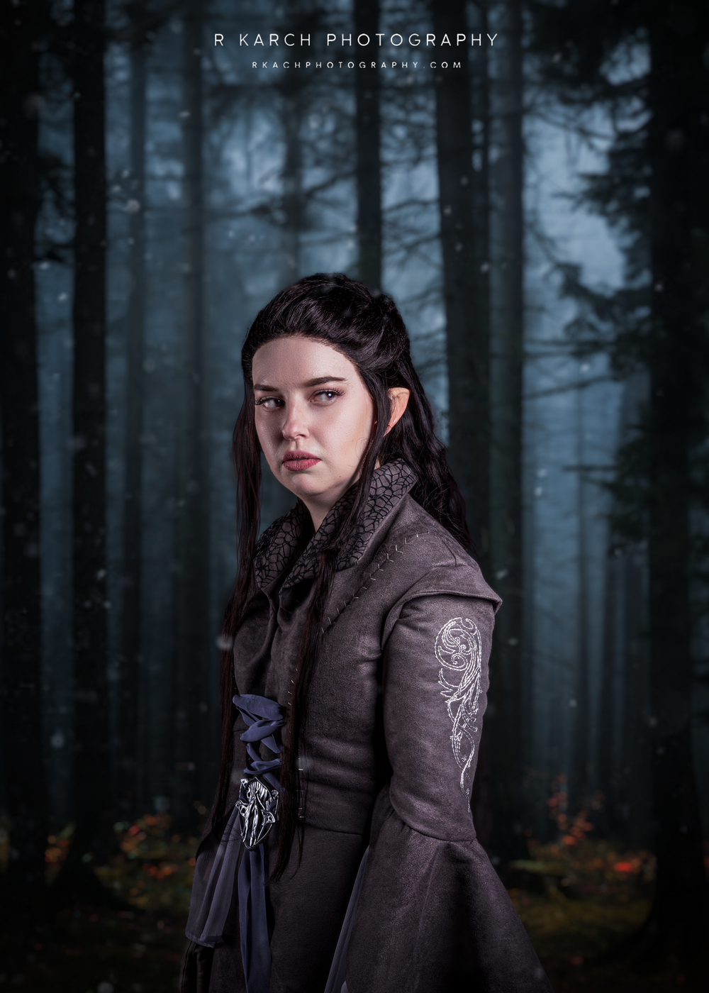 Fantasy character portrait in medieval costume against misty forest background.