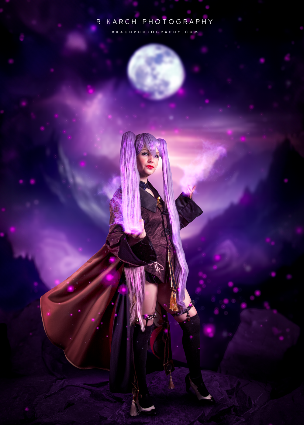 Cosplayer in purple wig and dark outfit poses dramatically against mystical night sky with full moon.