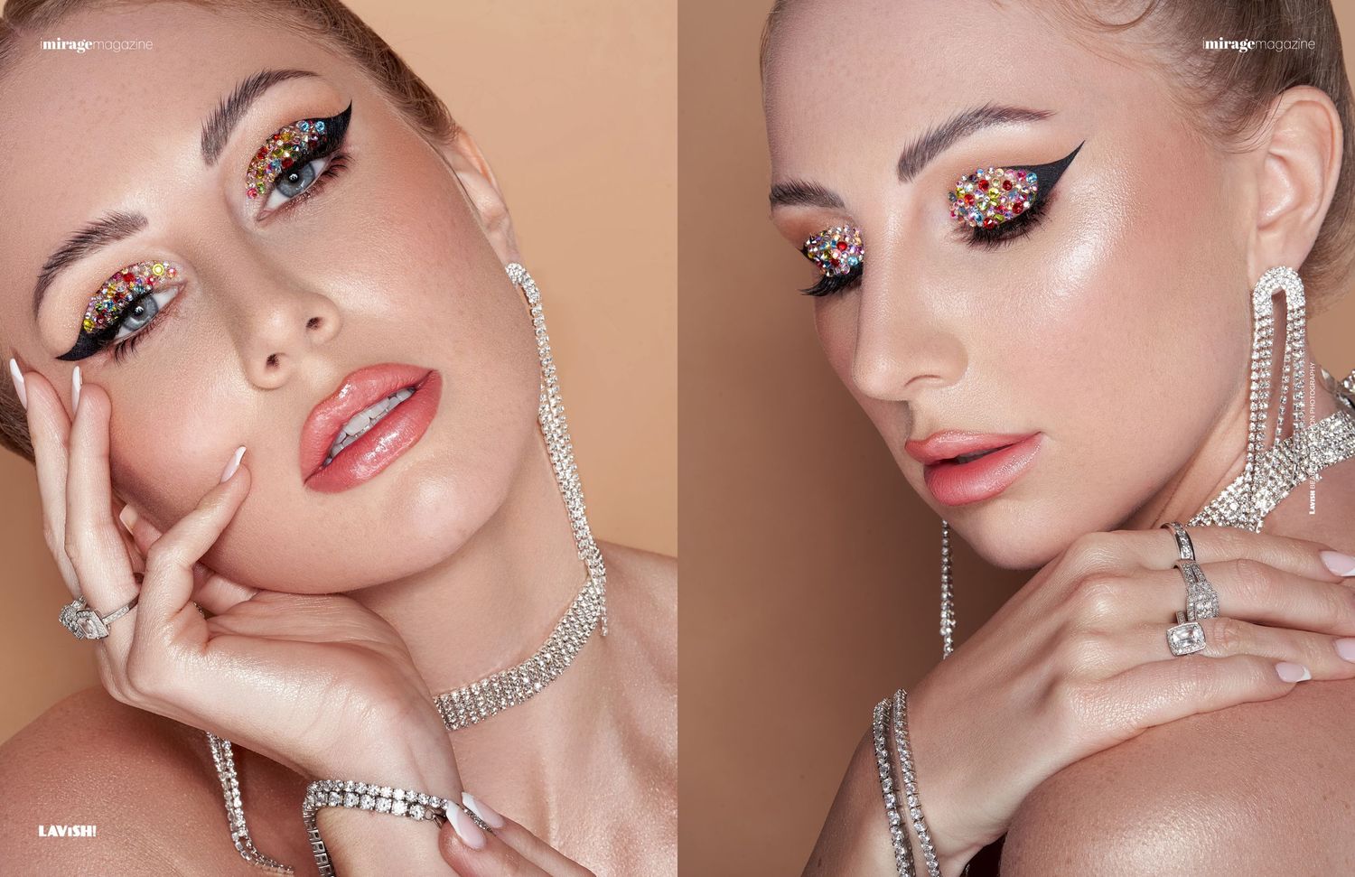 Side-by-side beauty portraits with glittery eye makeup and diamond jewelry.