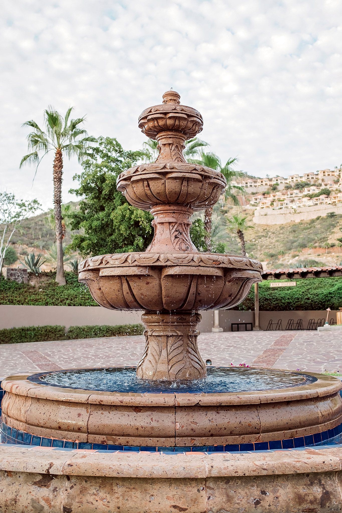 A stone fountain located near the Main Pool.