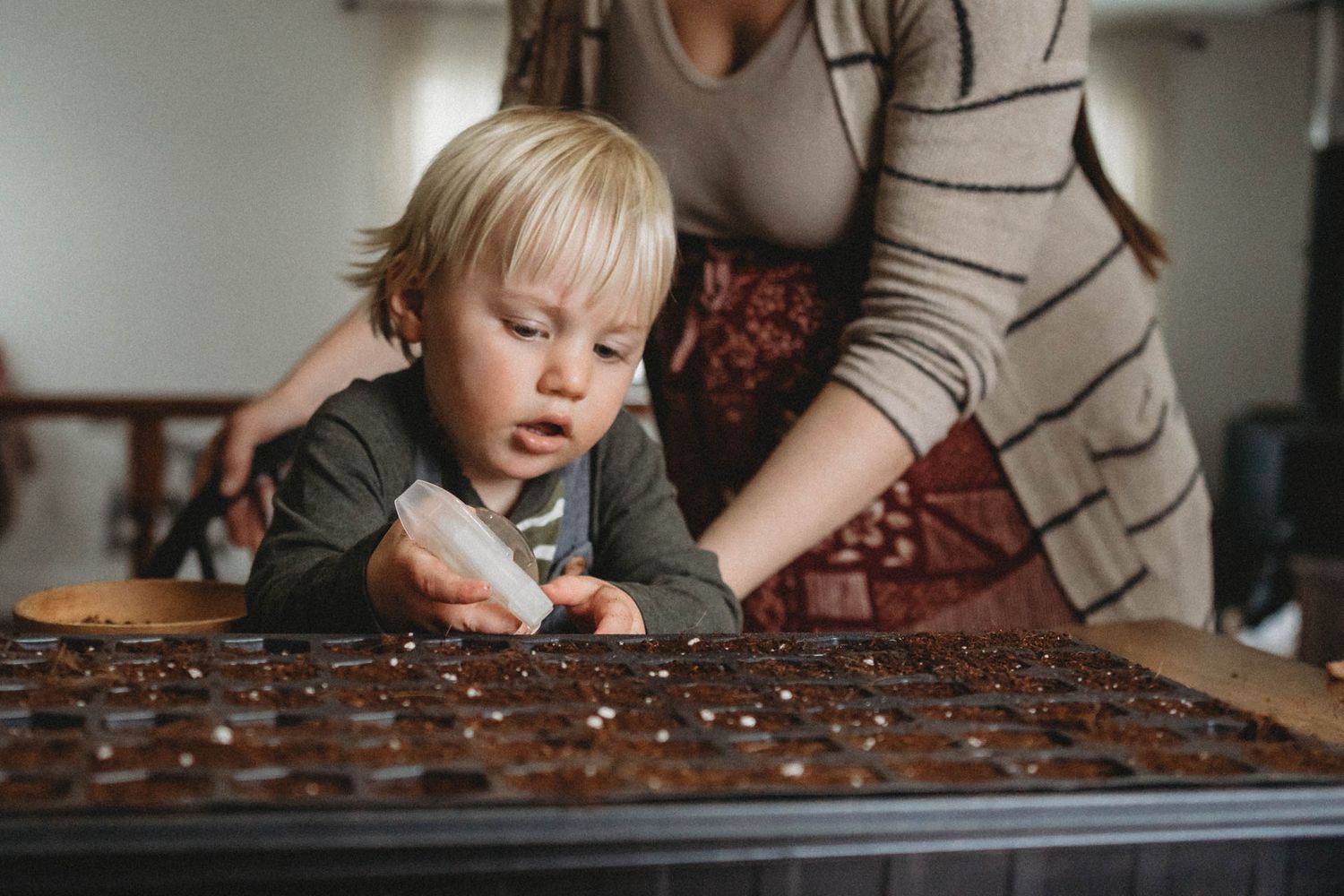 Young child planting seeds in a soil-filled nursery tray while being guided by adult hands.