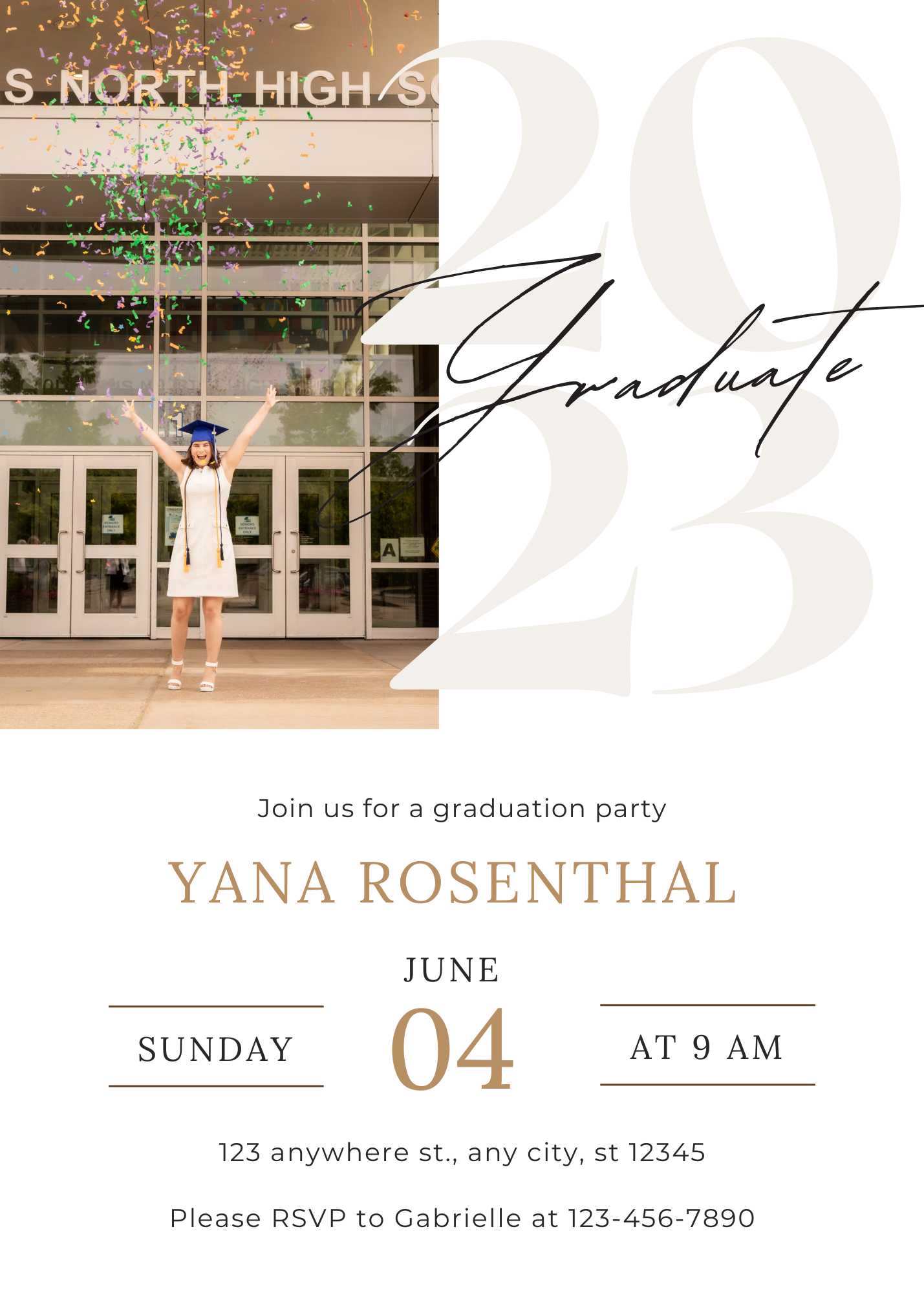 Minimalist graduation party invitation design with school building photo and elegant typography.